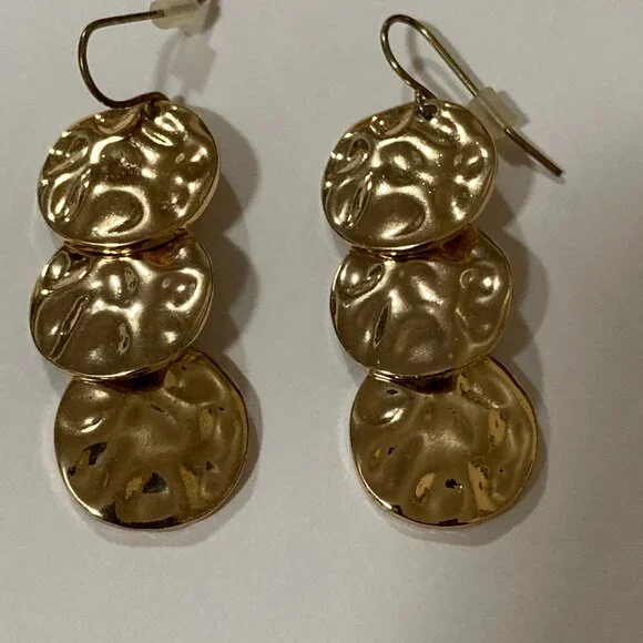 Gold Tone Hammered Disc Drop Earrings - Picture 3 of 5
